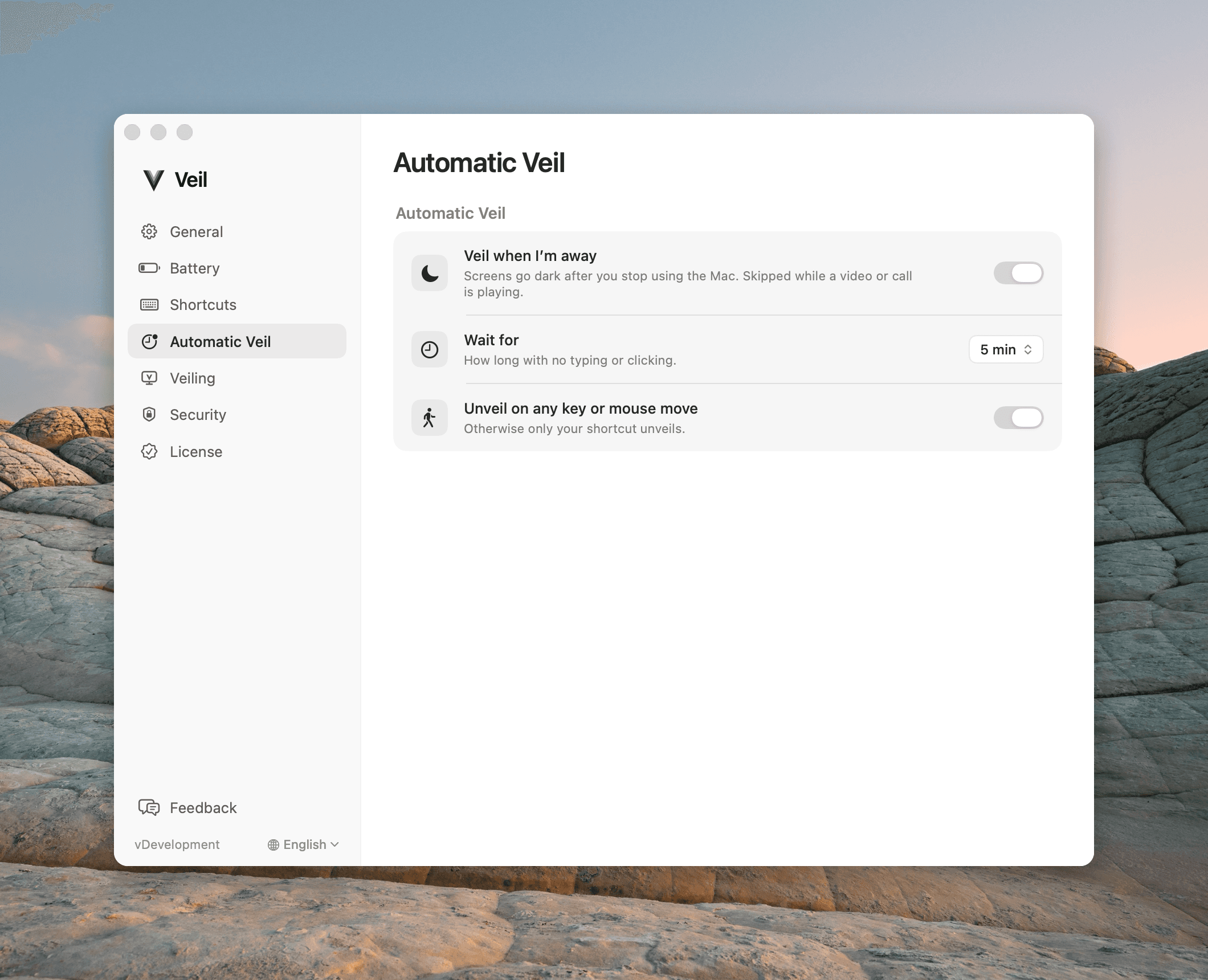 Veil Settings, Automatic Veil pane with Veil when I’m away turned on