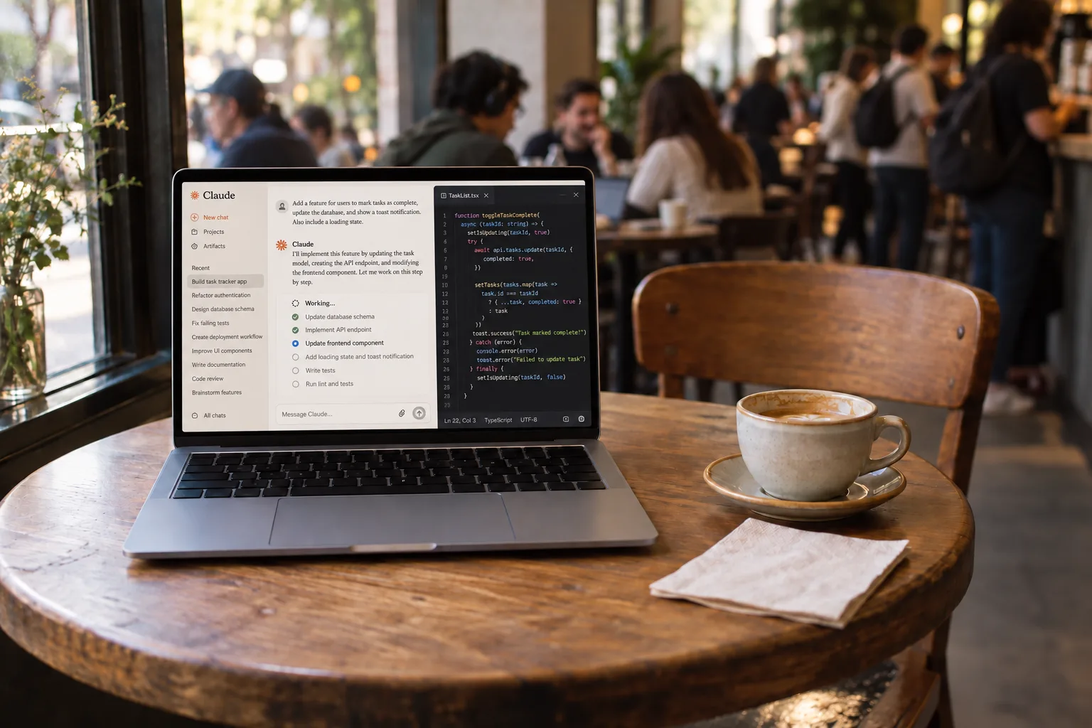 An unattended MacBook with an agent working on screen beside a coffee in a busy cafe