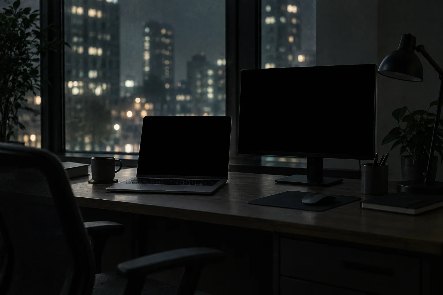 A laptop and monitor with black screens at an empty desk overlooking the city after hours