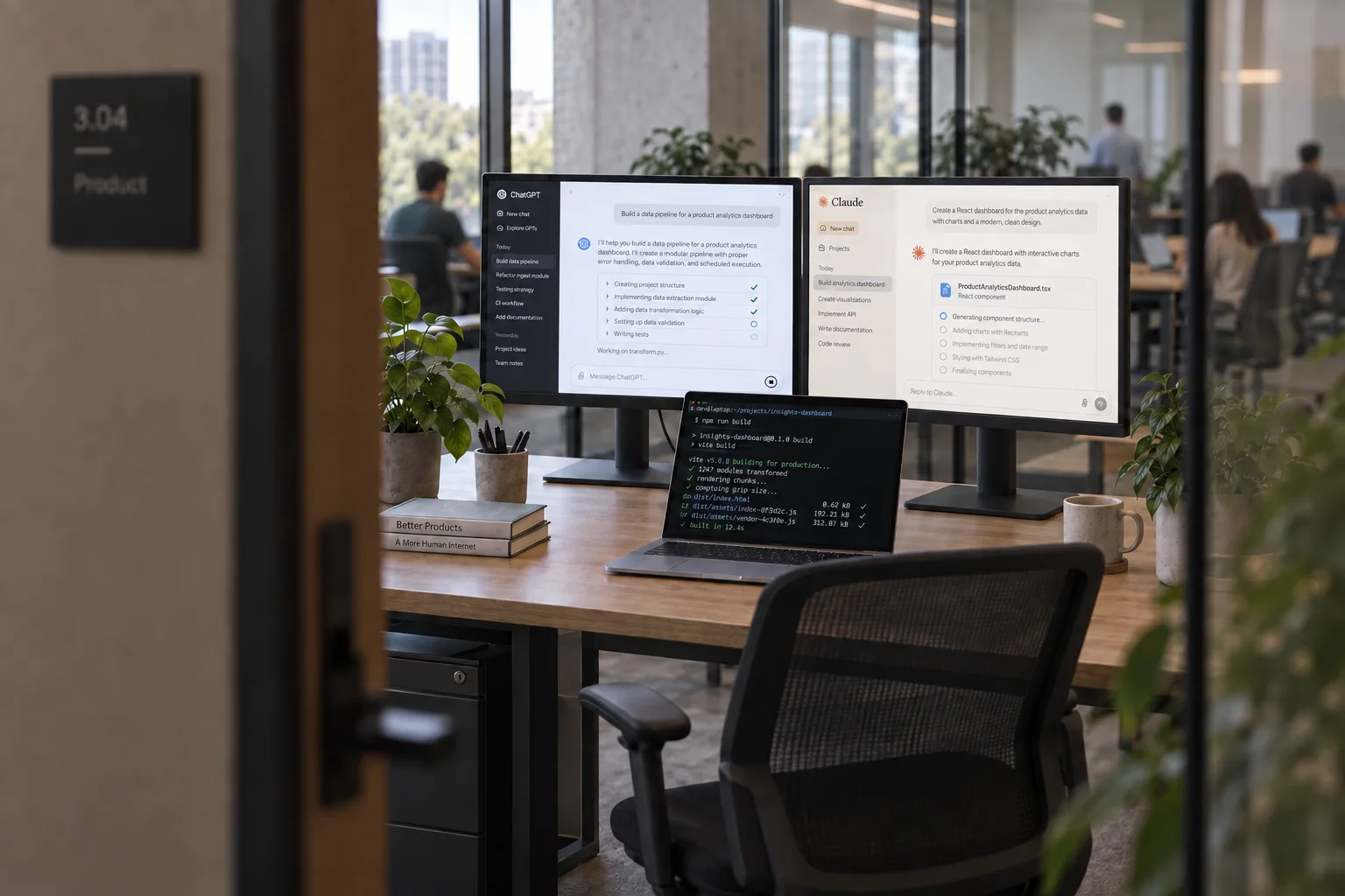An unattended office desk seen through a doorway, with ChatGPT, Claude, and build logs still running on unlocked screens