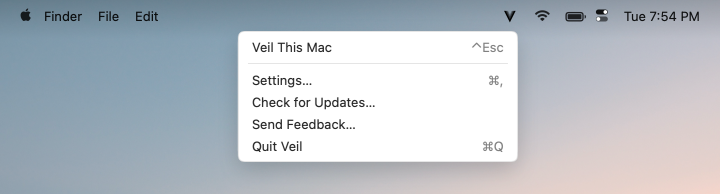 Veil menu showing Veil This Mac while idle and ready