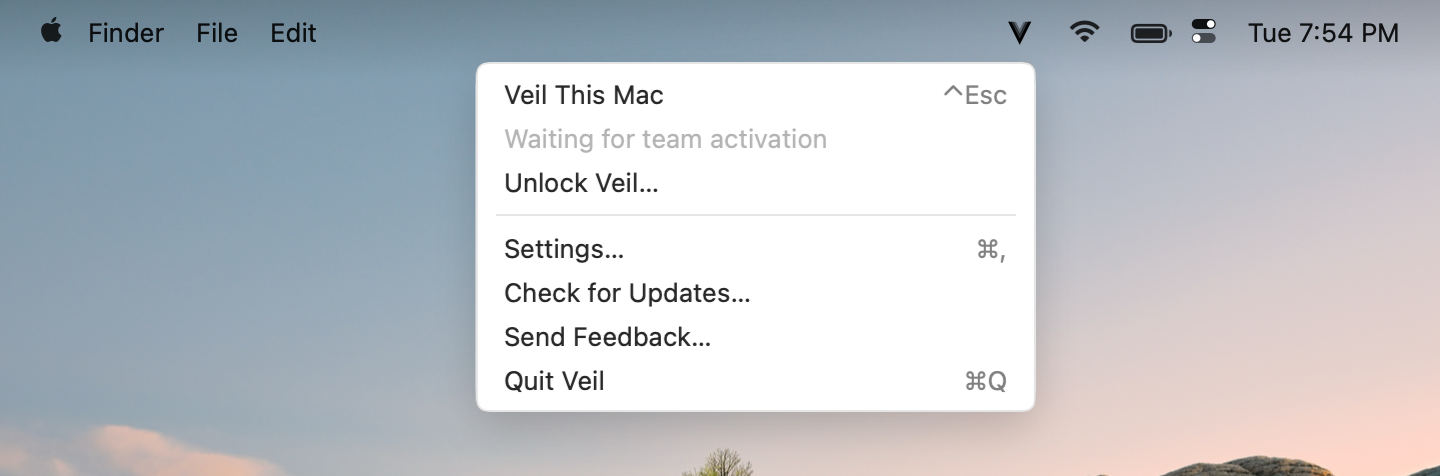 Veil menu while the managed team key is still waiting to activate