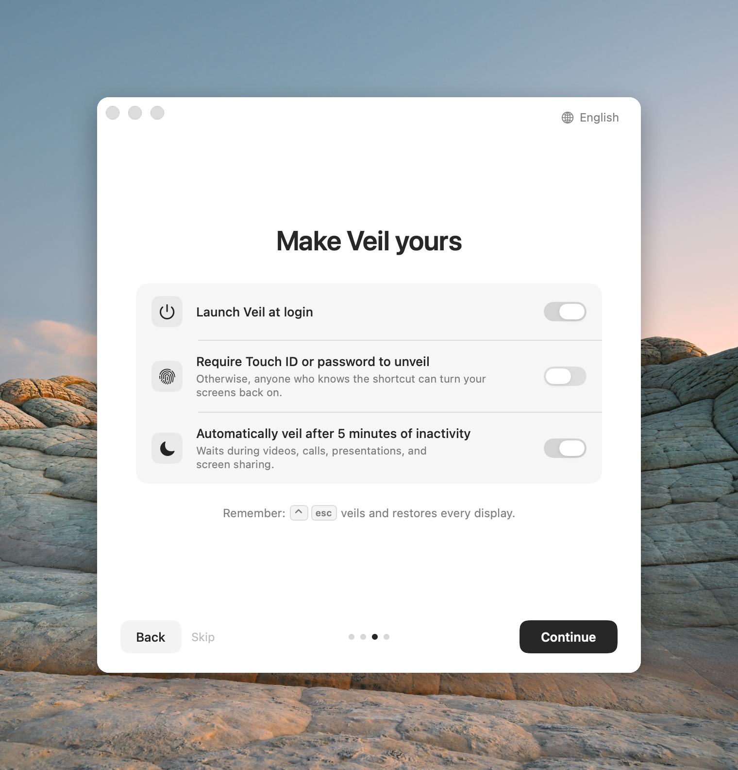 Make Veil yours setup step with launch at login and Automatic Veil