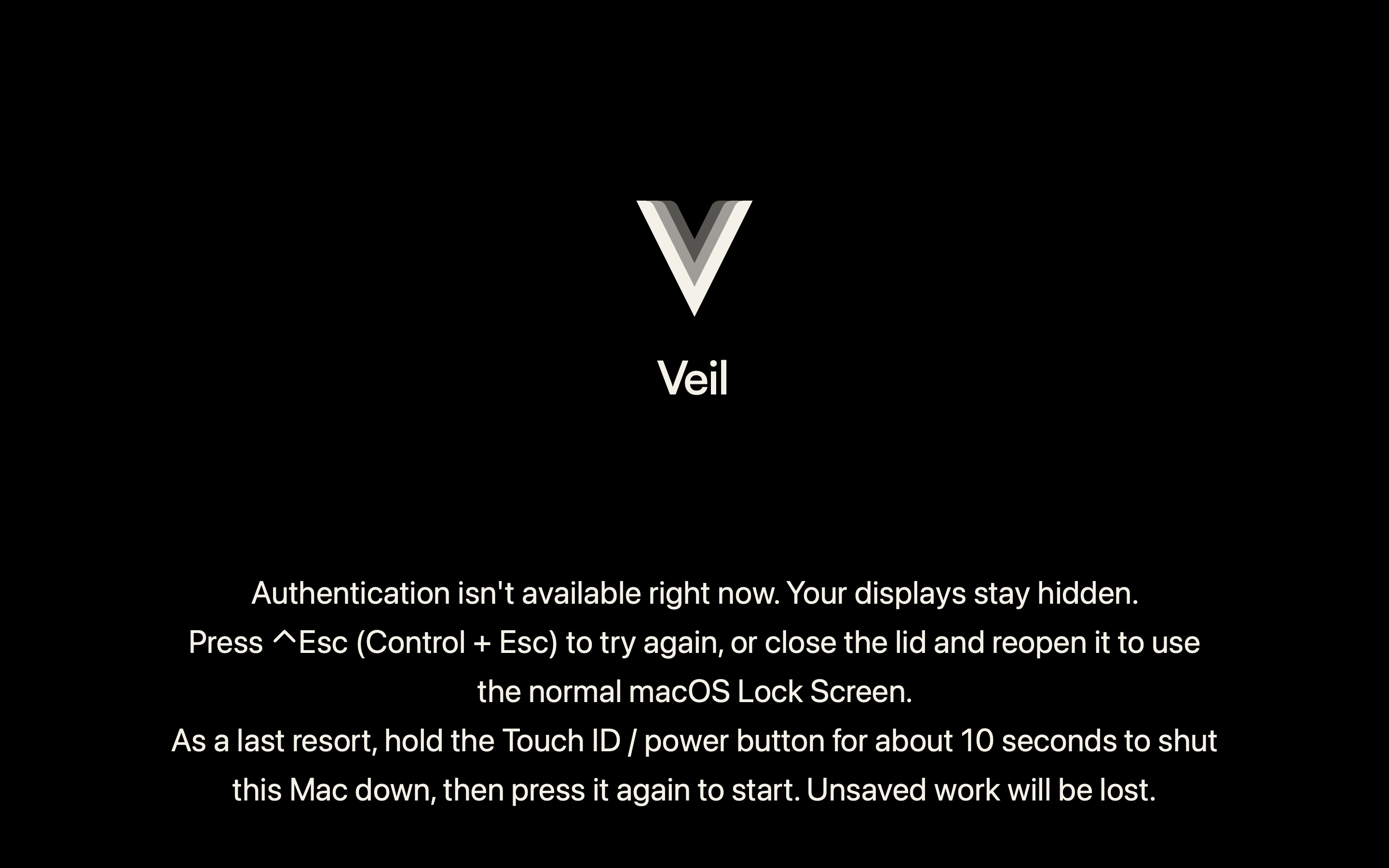 Recovery screen when authentication is unavailable