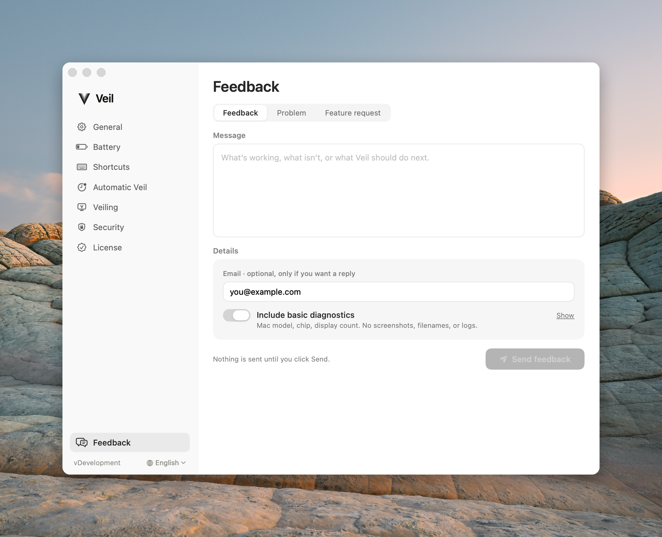 Feedback pane on Category Feedback with an empty required message and Send diagnostic data on