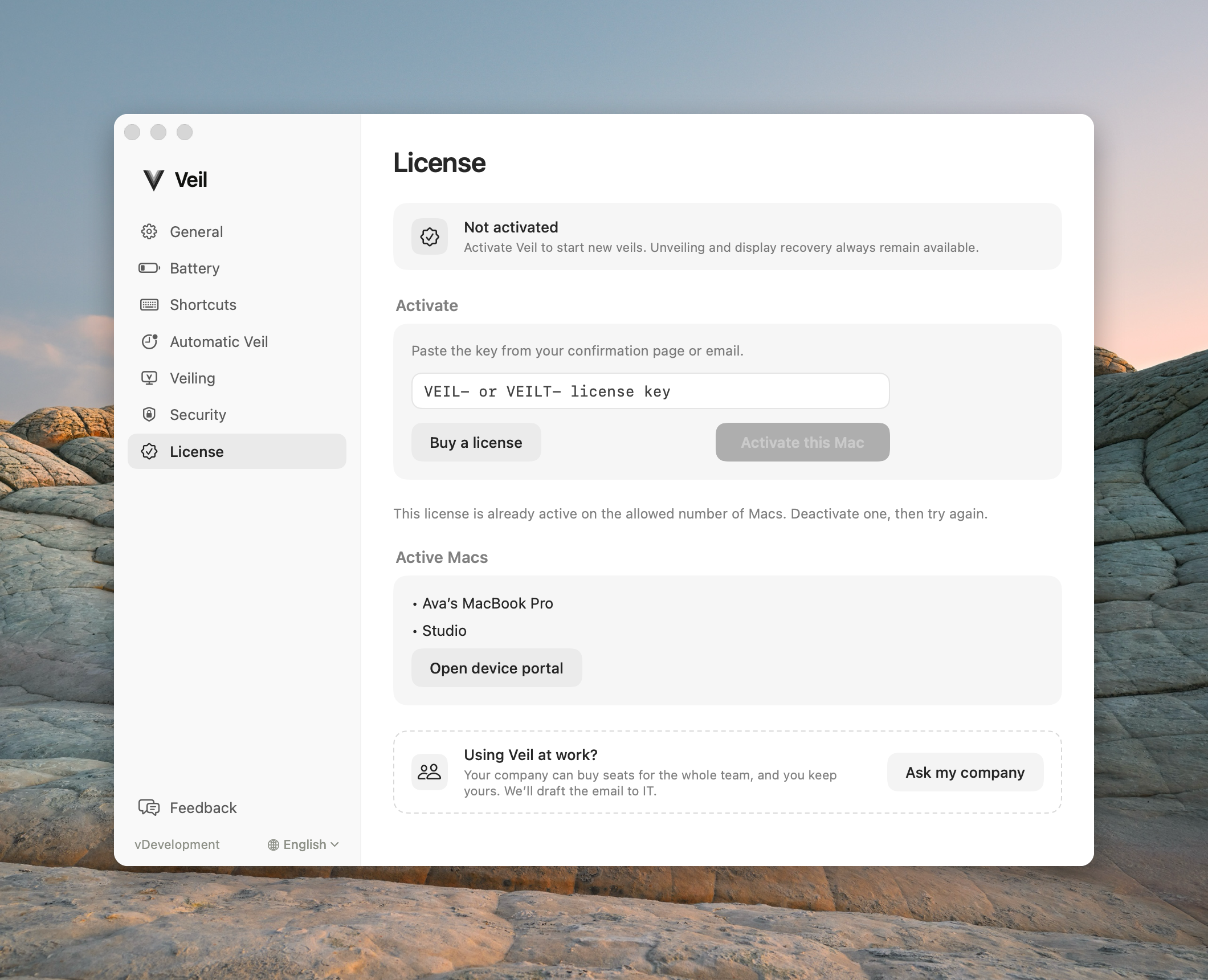 License pane listing Active Macs after a device-limit refusal