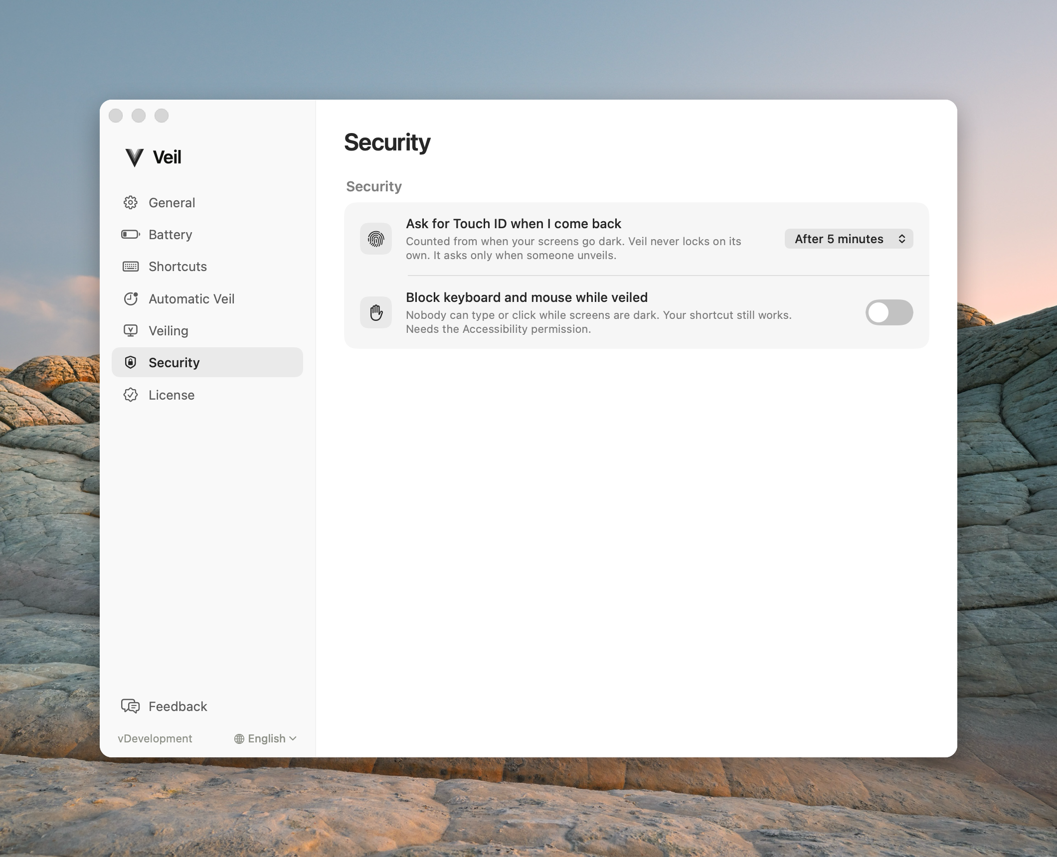 Security settings with Ask for Touch ID when I come back set to After 5 minutes