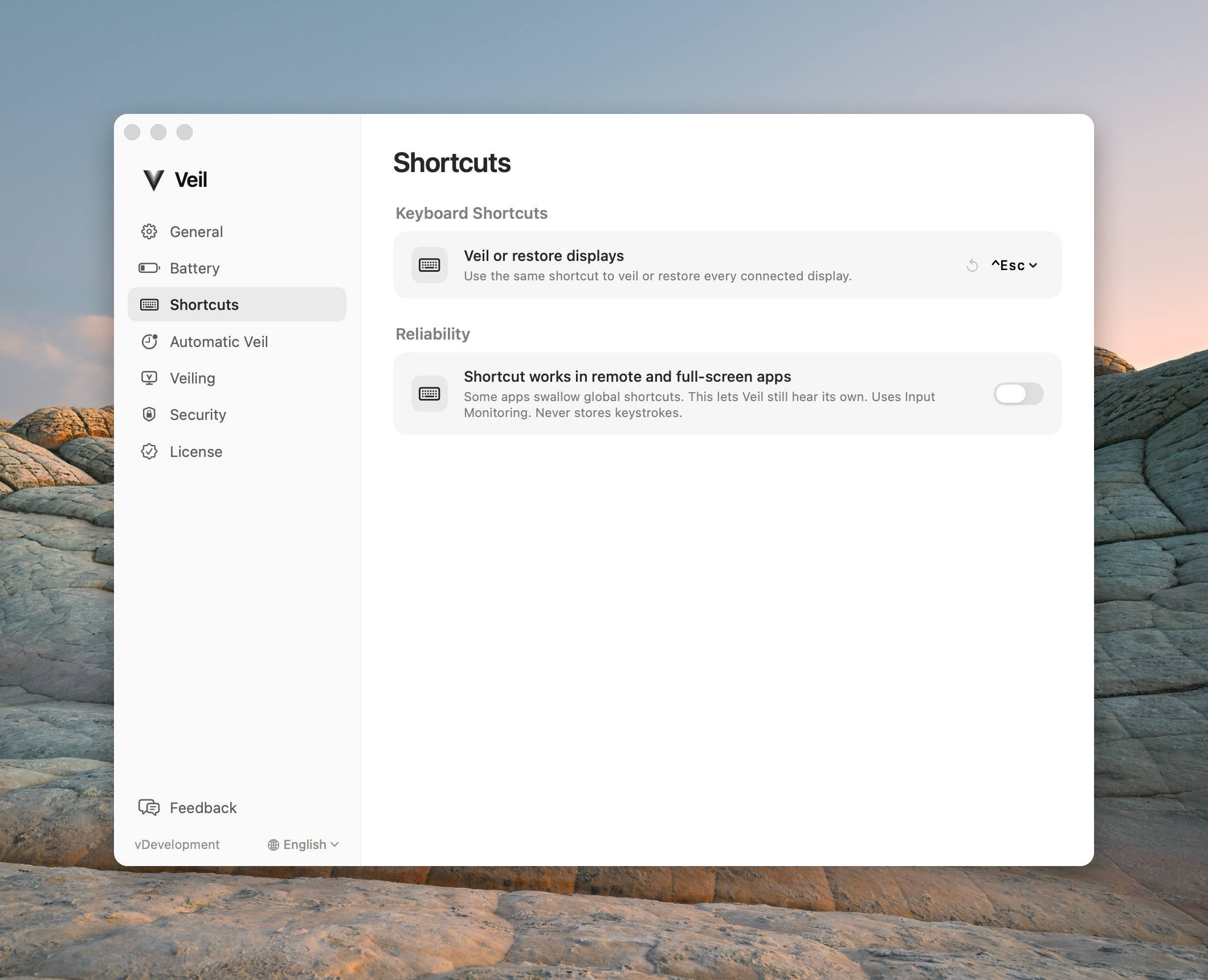 Shortcuts settings with Veil or restore displays set to Control–Escape and Shortcut works in remote and full-screen apps off