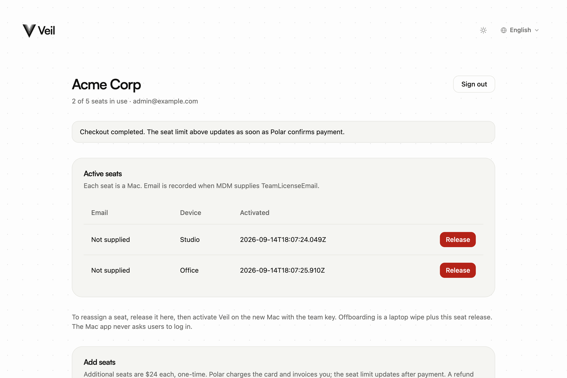 Seats page after Polar checkout, waiting for the seat limit to update