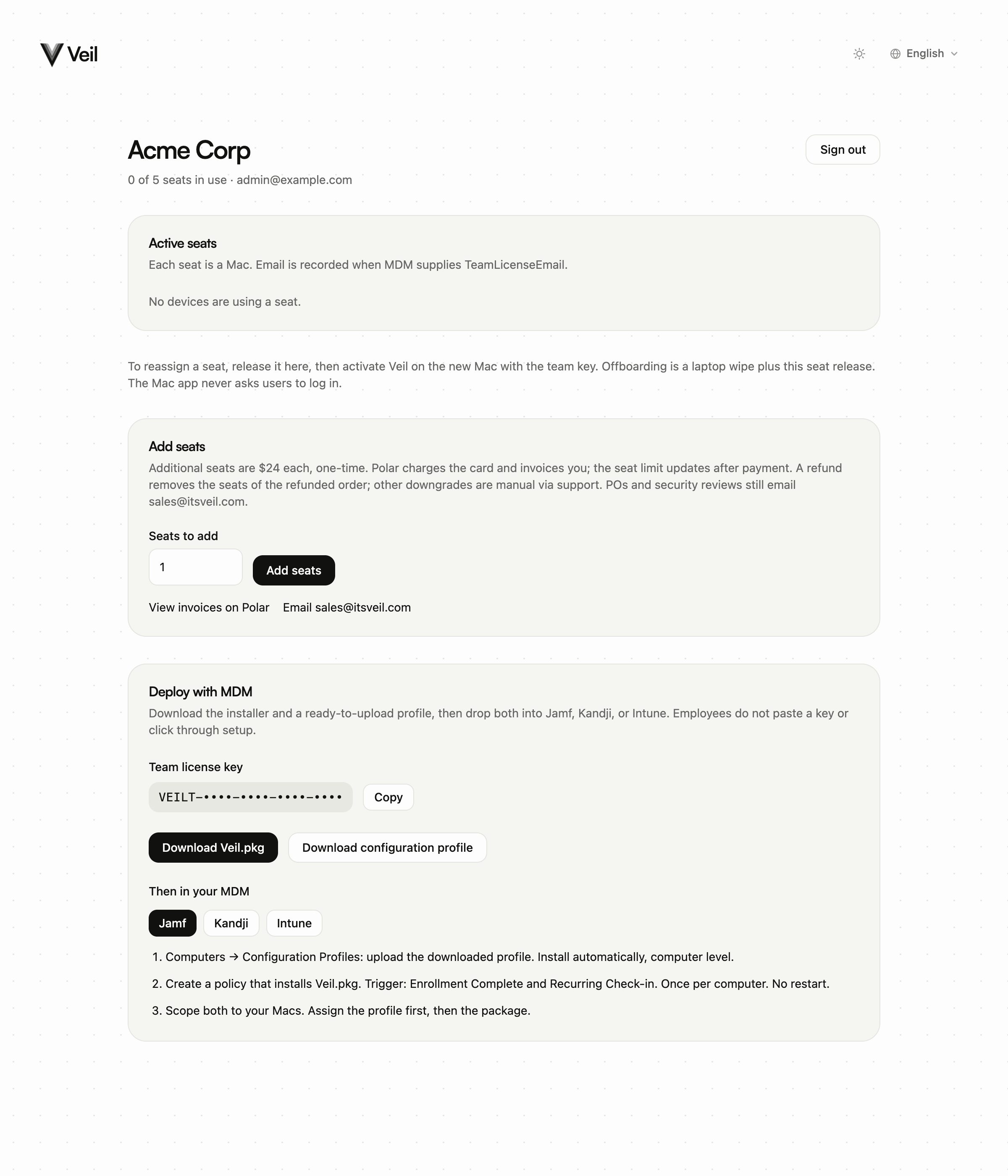 Deploy with MDM card with Download Veil.pkg, Download configuration profile, and the Jamf recipe