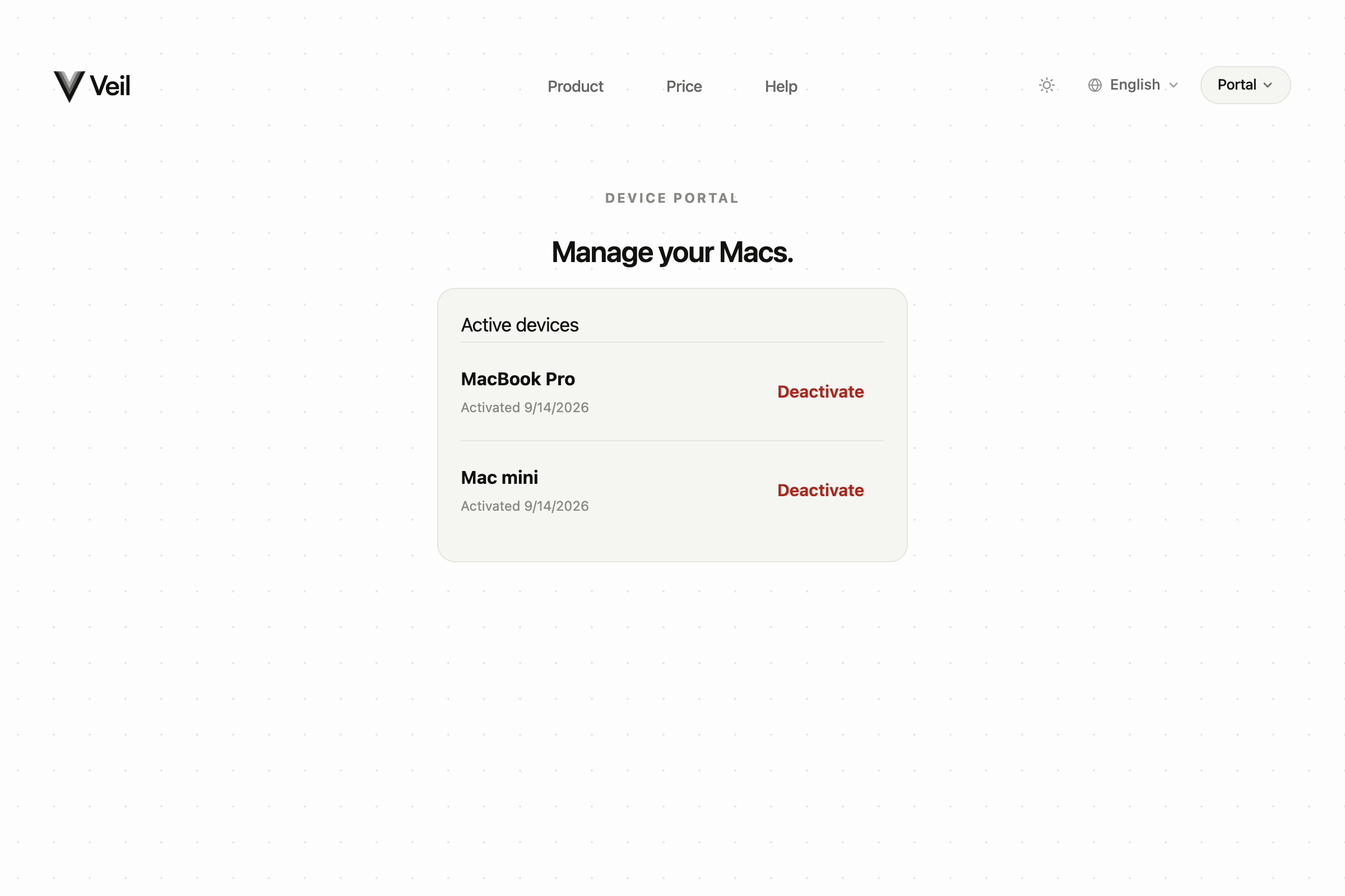 Device portal listing active Macs with Deactivate on each row