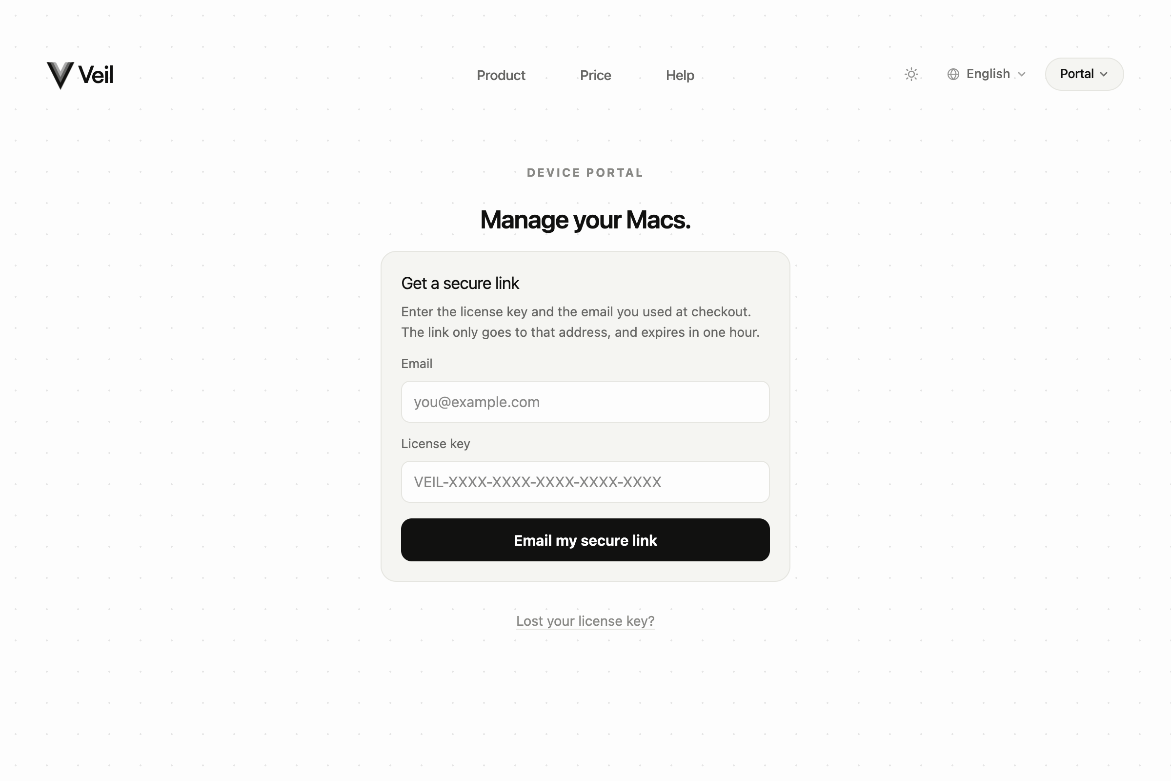 Devices page asking for an email and personal key to send a new link